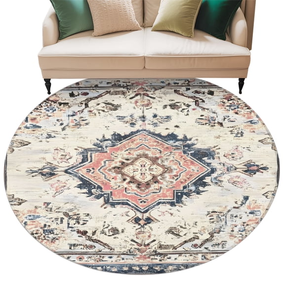 Beige Boho Washable Round Rug 6ft Area Rug for Living Room, Soft Large Non-Slip Circle Dining Room Rugs Ethnic Tribe Chic Elegant Pink Carpet for Bedroom Entryway Classroom Dorm