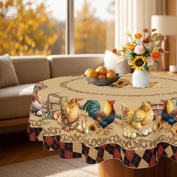 Beige Border Rooster Round Tablecloth, Harvest Festival & Summer Solstice Farmhouse Table Cover for Kitchen & Outdoor Dining, Farm Decor (35/49/60/71 Inch)