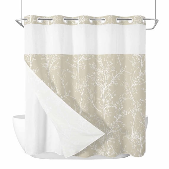 Beige Botanical No Hook Shower Curtain with Snap in Liner, Waterproof Fabric Shower Curtains, Vintage Floral Plants Branch Shower Curtain Set Top See Through for Bathroom 66"x72"