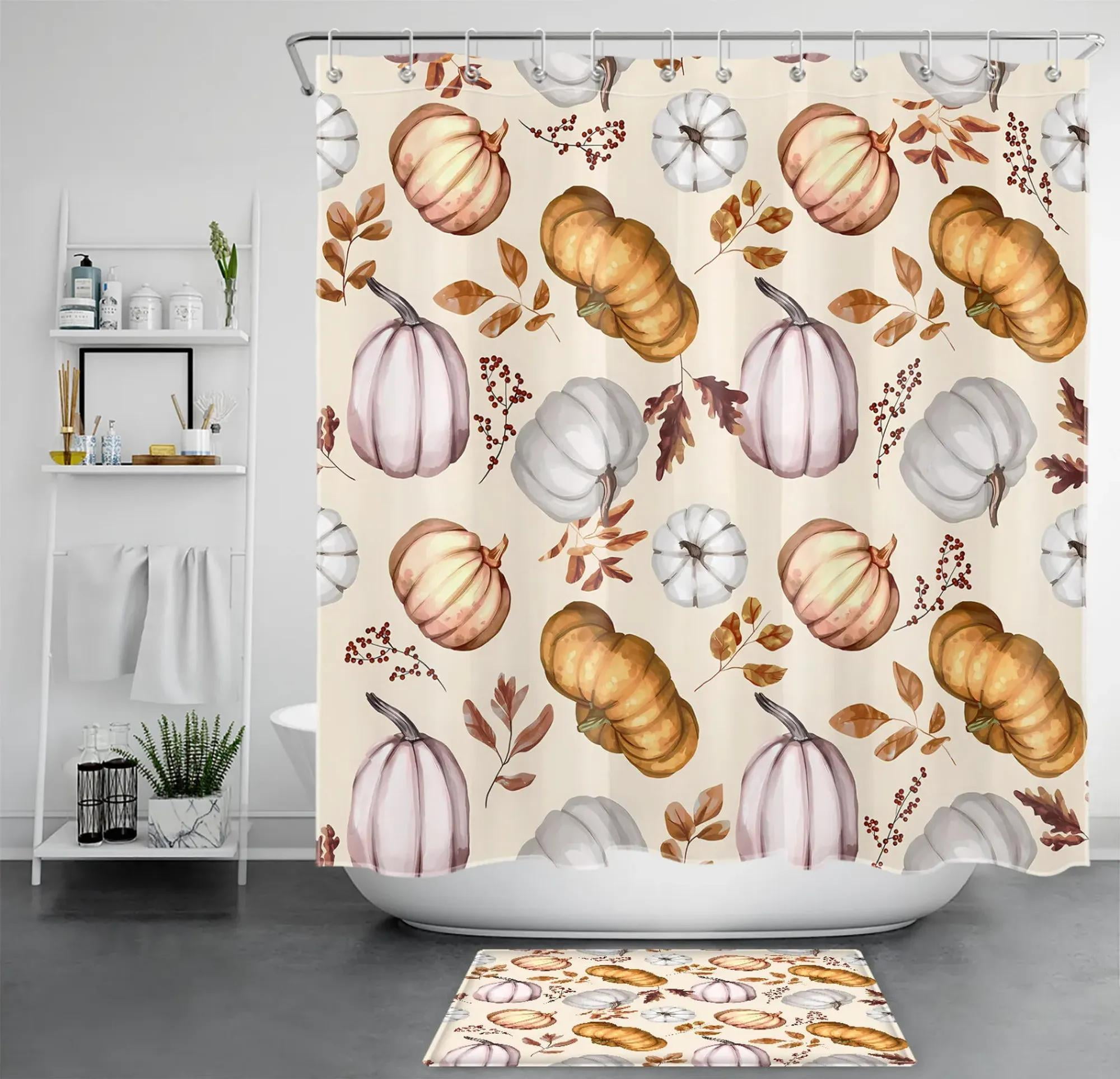 Beige Botanical Leaf Orange Pumpkin Fall Shower Curtain Set for ...