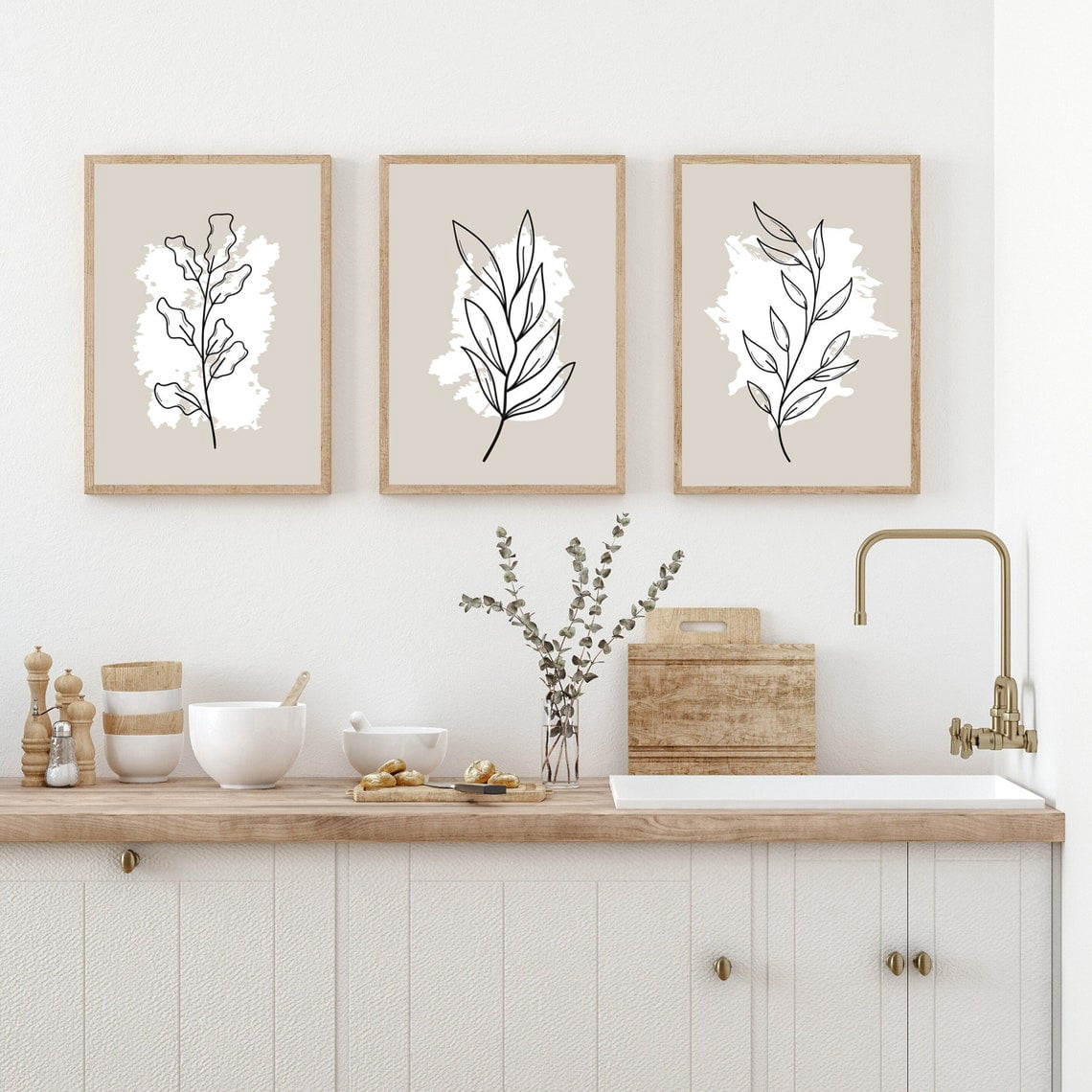 Beige Botanical Line Wall Art Print Set, Hand Drawn Plant Home Decor ...