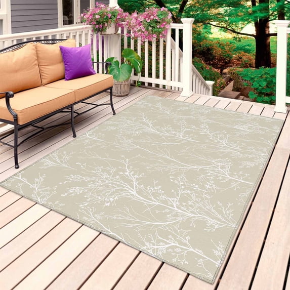 Beige Botanical Outdoor Rug for Patio/Deck/Porch, Non-Slip Large Area Rug 5 x 8 Ft, Vintage Floral Plants Branch Indoor Outdoor Rugs Washable Area Rugs, Reversible Camping Rug Carpet Runner