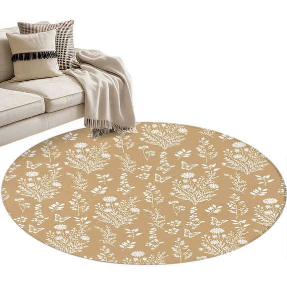 Beige Botanical Round Rug 3ft Area Rug Washable Soft Non-Slip 3' Circle Low Pile Rugs Spring Summer Chic Wildflowers Carpet for Bedroom Living Room Entryway Home Office Dining Room