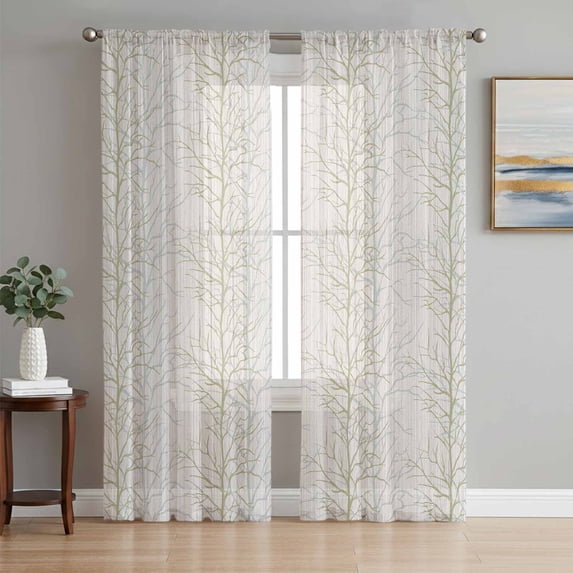 Beige Botanical Sheer Curtains 108 Inch Length 2 Panels Set, Farmhouse Spring Summer Branch Voile Window Treatment Semi Sheer Long Curtains Drapes for Bedroom/Living Room/Kitchen 52"x108"x2