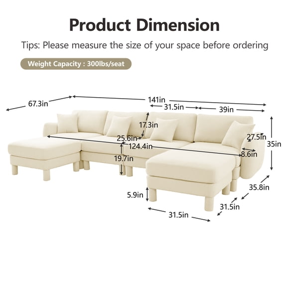 Beige Boucle U-Shape 4-Seater Sectional Sofa Couch: Modern Shell Armrests, 2 Ottomans, Fabric Wrapped Legs, Living Room, Office, Lounge Furniture