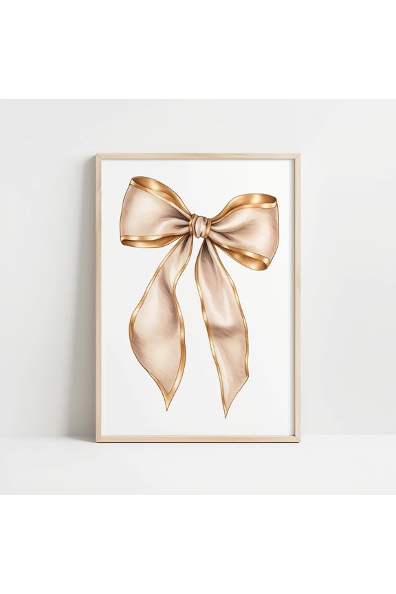 Beige Bow T-Shirt Gold Ribbon Nursery Decor Trendy Coquette Girls Room Tee, Unframed Paper Poster 8x10in