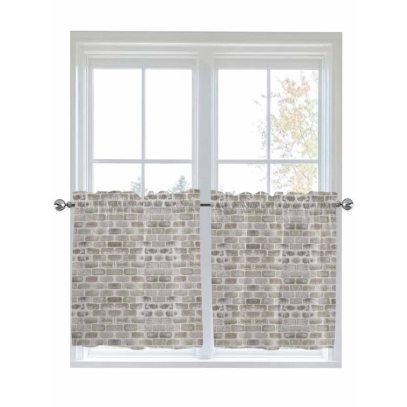 Beige Brick Wall 2 Panel Kitchen Curtains for Small Windows, Retro Country Stone Rocks Geometric Print Bathroom Tier Curtain, Short Window Treatment for Bedroom/Living Room 55"x24"