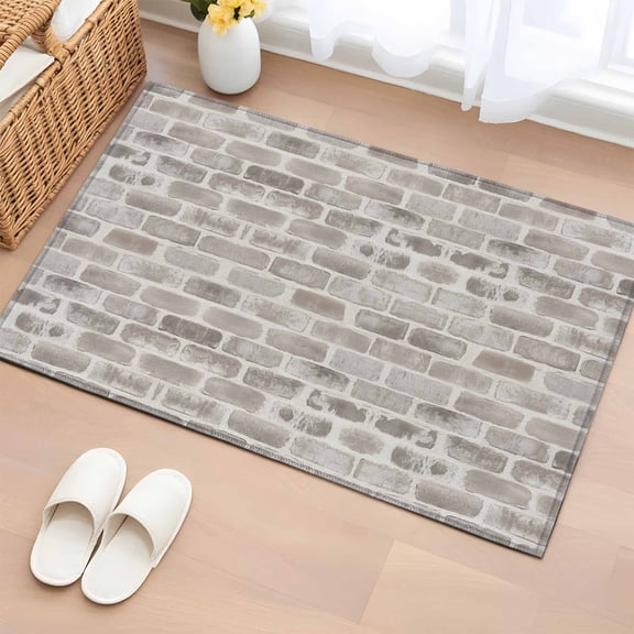 Beige Brick Wall Bathroom Rug Washable 2x3 Entryway Rug Non Slip Retro Country Stone Rocks Geometric Print Front Door Mat Low Pile Indoor Doormat Throw Floor Carpet for Kitchen Bedroom Entrance
