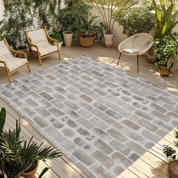 Beige Brick Wall Outdoor Rug for Patio/Deck/Porch, Non-Slip Large Area Rug 5 x 8 Ft, Retro Country Stone Rocks Geometric Print Indoor Outdoor Rugs Washable Area Rugs, Camping Rug Carpet Runner