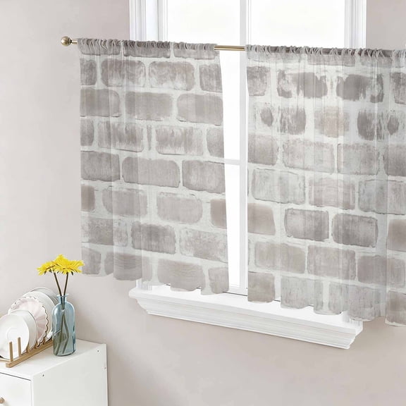 Beige Brick Wall Sheer Curtains 45 Inch Length 2 Panels Set Window Treatments, Retro Country Stone Rocks Geometric Print Rod Pocket Semi Curtains for Living Room/Bedroom/Kitchen Décor, 104"W x 45"L