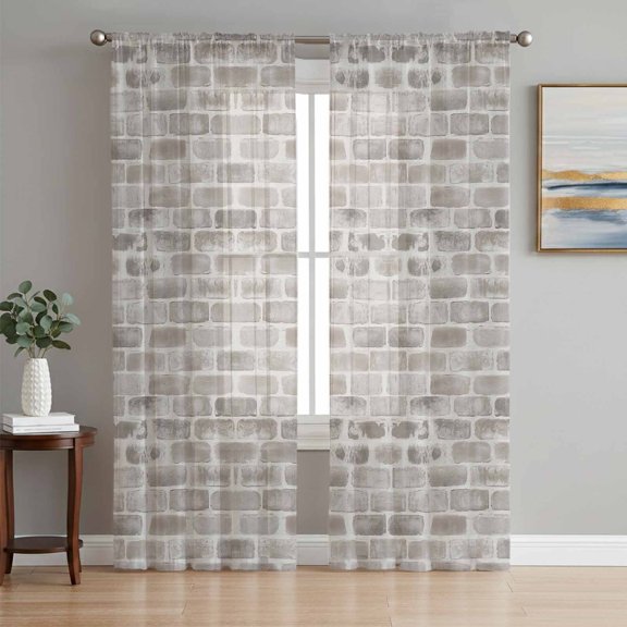 Beige Brick Wall Sheer Curtains 63 Inch Length 2 Panels,Retro Country Stone Rocks Geometric Print Light Filter Drapes for Living Room Bedroom Window Treatments,Rod Pocket Privacy Semi Sheer Curtains