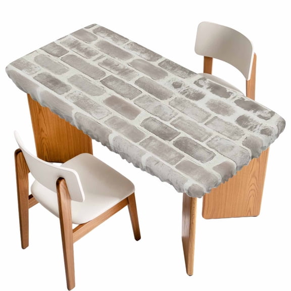 Beige Brick Wall Table Cloths for 4 Foot Rectangle Tables, Retro Country Stone Rocks Geometric Print Patio Waterproof Elastic Fitted Tablecloths, Washable Rectangular Table Cover for Camping