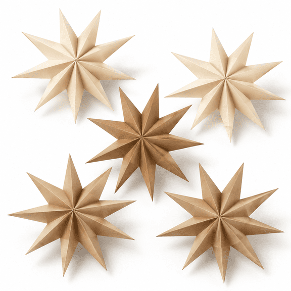 Beige Brown 12 Inch 9-Pointed Hanging Paper Star Lanterns, Set of 5