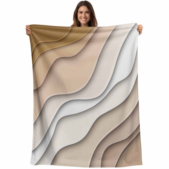 Beige Brown Beach Coastal Throw Blankets, Abstract Geometric Ocean Waves Soft Fleece Blanket Decorative for Home Sofa Couch Chair Living Bedroom, 50x60 inches,