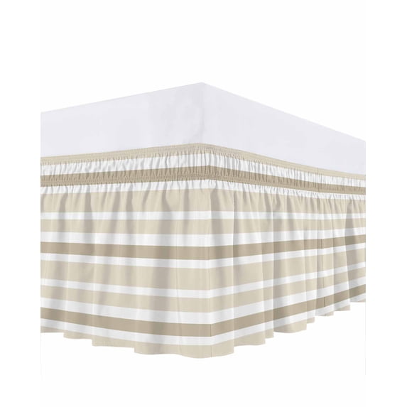 Beige Brown Bed Skirt King Size 18 Inch Drop, White Stripe Wrap Around Dust Ruffle Bedskirts, Wrinkle & Fade Resistant Easy Fit Bedskirt with Adjustable Elastic