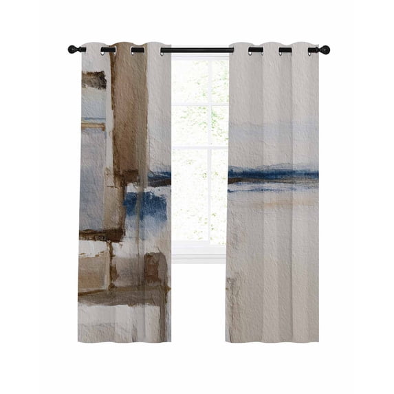 Beige Brown Blue Blackout Curtains, Light Blocking Print Window ...