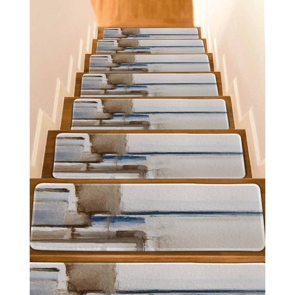 Beige Brown Blue Stair Treads for Wooden Steps Indoor Runner Rug Carpet, Vintage Abstract Mottled Texture 4 Pieces Peel and Stick Staircase Step Treads Covers Washable Throw Door Mats, 30"x8"