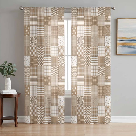 Beige Brown Checkered Sheer Curtains 96 Inch Length 2 Panels Set, Buffalo Geometric Abstract Art Voile Window Treatment Semi Sheer Long Curtains Drapes for Bedroom/Living Room/Kitchen 52"x96"x2