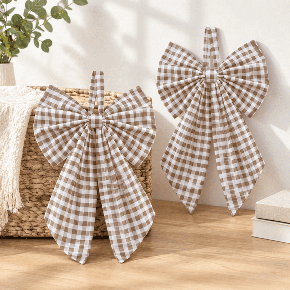 Beige Brown Christmas Gingham Wreath Bows, Set of 2, 19.6 x 11.8 Inches