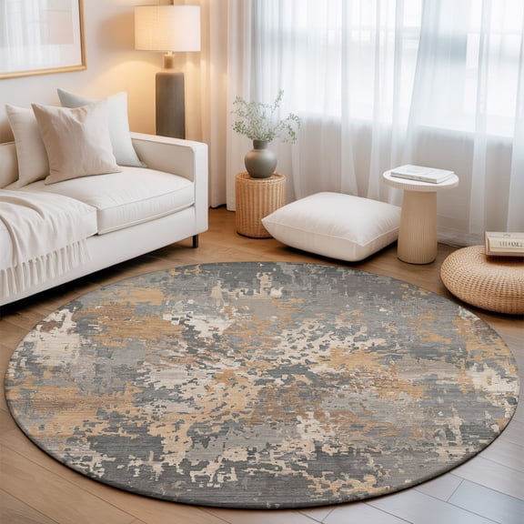 Beige Brown Copper Rust Round Area Rugs 3 ft, Abstract Vintage Industrial Minimalist Washable Small Area Rug with Non-Slip Sturdy Edge Binding Round Front Door Mat Floor Carpet for Entryway