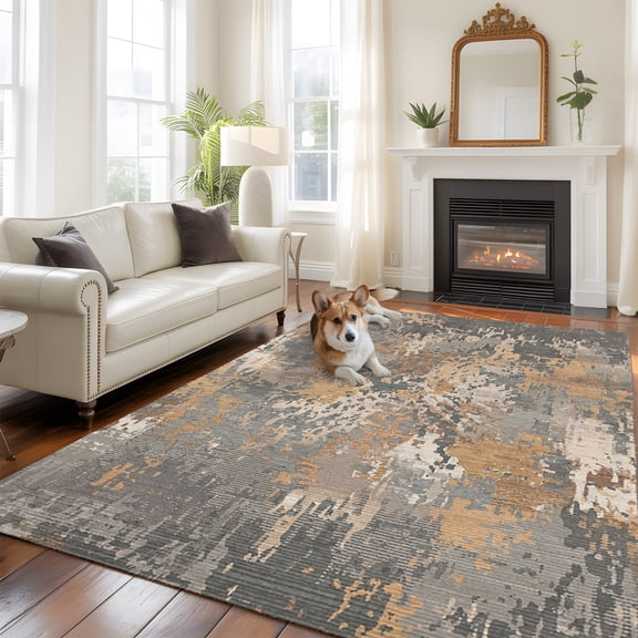Beige Brown Copper Rust Washable Area Rug 8x10 Abstract Vintage Industrial Minimalist Low-Profile Large Area Rugs Non Slip Indoor Floor Carpet for Entrance Living Room Bedroom Home Office