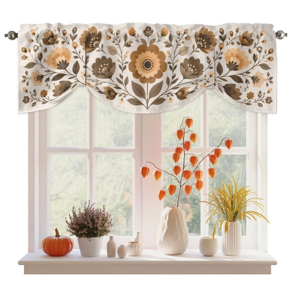 Beige Brown Floral Boho Tie Up Valance Curtains for Windows, Kitchen Curtains Window Treatments, Summer Spring Flowers Botanical Short Window Shades Valances for Bedroom Bathroom Cafe 54"x18"