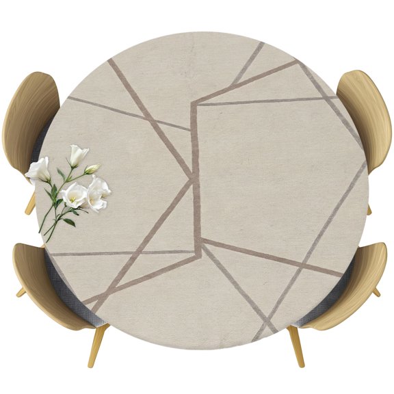 Beige Brown Geometric Round Tablecloth 36-44 Inch Round Fitted Table Cloth with Elastic Edge, Modern Abstract Art Waterproof Table Cover Protector for Outdoor Picnic Party Dining