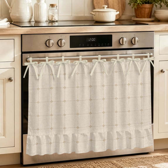 Beige Brown Gingham Oven Skirt for Farmhouse Kitchen Décor, Modern Minimalist Geometric Plaid Oven Curtain Tie Top Decorative Stove Skirt, Cabinet Dish Washer Curtains with 8 Ribbon Ties 30"x21.5"