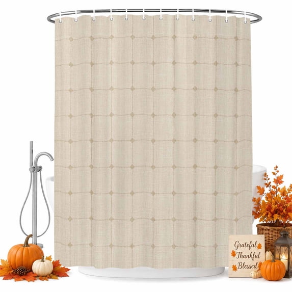 Beige Brown Gingham Shower Curtain Set - Long 72" x 84" Washable Bathtub Curtain with 12 Hooks, Modern Minimalist Geometric Plaid Waterproof Fabric Stall Shower Curtains for Bathroom/Bathtub Décor