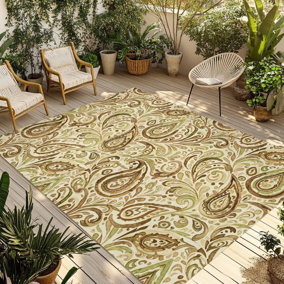 Beige Brown Green Outdoor Rug 5x8 Ft - Reversible Patio Rug Outdoor Camping Rugs, Retro Botanical Abstract Art Washable Indoor Outdoor Area Rugs, Non-Slip Outdoor Carpet Runner for Deck/Porch