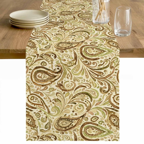 Beige Brown Green Table Runner - 60 Inch Long Retro Botanical Abstract Art Cotton and Linen Blended Dress Scarves Farmhouse Table Runner for Kitchen Dining, Coffee Table, 13" x 60"