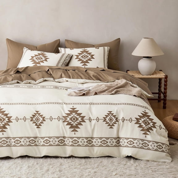 Beige Brown King Size Aztec Geometric Pattern Bedding Comforter Set