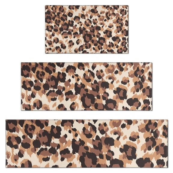 Beige and Brown Leopard Pattern Kitchen Rugs Sets Of 3,Kitchen Runner Rugs Non Skid Washable,Decorative Kitchen Floor Mats for Kitchen,Sink,Laundry,17"x30"+ 17"x47" + 17"x59"
