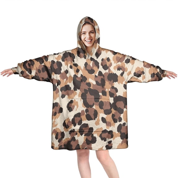 Beige and Brown Leopard Pattern Wearable Oversized Blanket,Wearable Blanket Hoodie for Adults,Cozy Hooded Blankets with Super Pockets,Super Warm Fuzzy Pullover for Women & Men