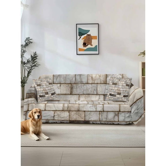 Beige Brown Marble Couch Cover for Dogs, Simple Vintage Brick Stone Wall Washable Sofa Covers Slipcover for Pets Dogs Futon Cover, Couch Recliner Covers, Oversized Chair Slipcover 71"x91"