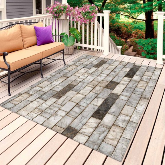 Beige Brown Marble Outdoor Rug 5x7 Ft, Non Slip Washable Area Rug, Simple Vintage Brick Stone Wall Patio Rugs Carpet Runner, Large Floor Mat for Indoor/Outdoor Deck Porch Camping