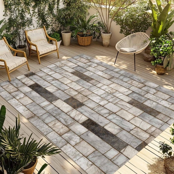 Beige Brown Marble Outdoor Rug for Patio/Deck/Porch, Non-Slip Large Area Rug 5 x 8 Ft, Simple Vintage Brick Stone Wall Indoor Outdoor Rugs Washable Area Rugs, Reversible Camping Rug Carpet Runner