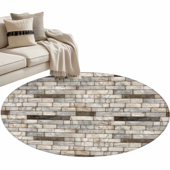 Beige Brown Marble Round Area Rugs Collection 3', Simple Vintage Brick Stone Wall Non Slip Indoor Circular Throw Runner Rug Floor Mat Carpet for Living Room Dining Table Bedroom Nursery