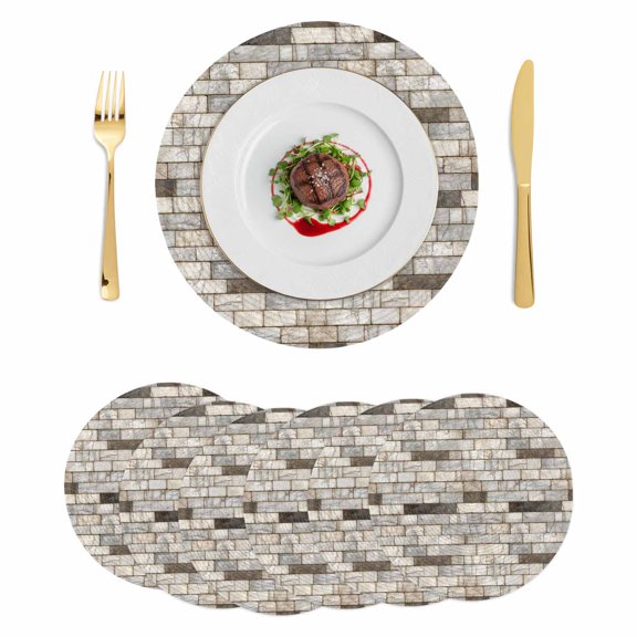 Beige Brown Marble Round Placemats Set of 6 Simple Vintage Brick Stone Wall Place Mats Indoor Woven Table Mats Washable Heat-Resistance Braided Dining Table Placemats for Kitchen Party Decor 15 Inch