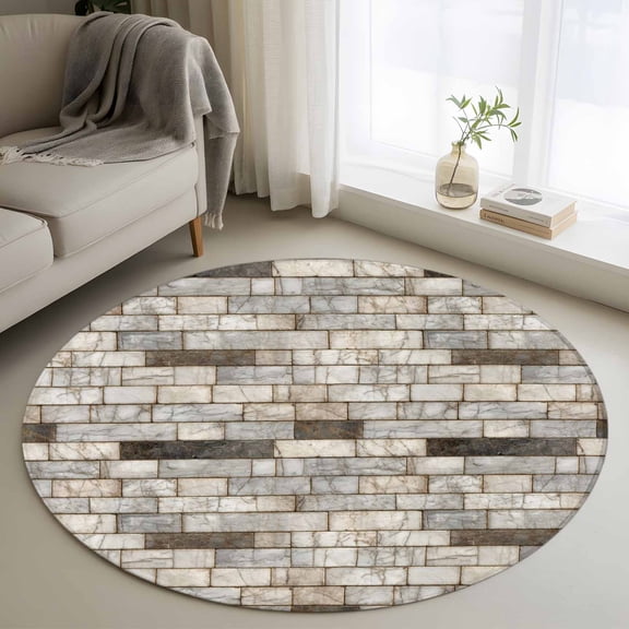 Beige Brown Marble Round Rug 3ft Washable Circle Entryway Rugs Non Slip Simple Vintage Brick Stone Wall Area Rug Indoor Floor Carpet for Bedroom Kitchen Living Room Home Office Dining Room Nursery