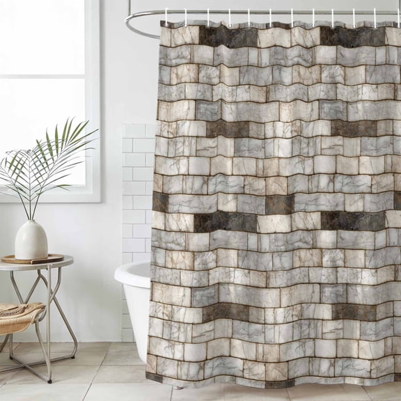 Beige Brown Marble Standard Shower Curtain Set, Waterproof Shower Curtains for Bathroom, Simple Vintage Brick Stone Wall Washable Fabric Bath Curtain for Bathtub Decoration with Hooks 72x72 Inches