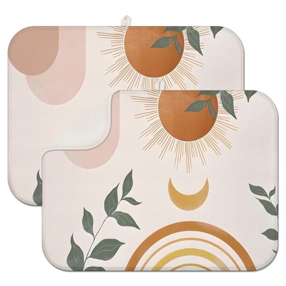Brown Boho Sun, Moon and Plant Pattern Dish Drying Mat for Kitchen 1 Pack, Ultra Absorbent Microfiber Dishes Drainer Mats,18"x24"