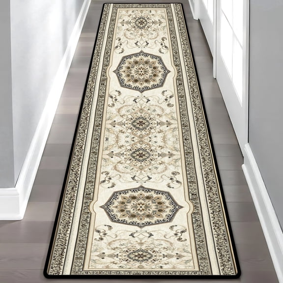 Beige Brown Octagonal Medallion Hallway Runner Rug, Traditional Persian Long Floor Mat, Non-Slip Washable Vintage Ornate Rug for Entryway Kitchen