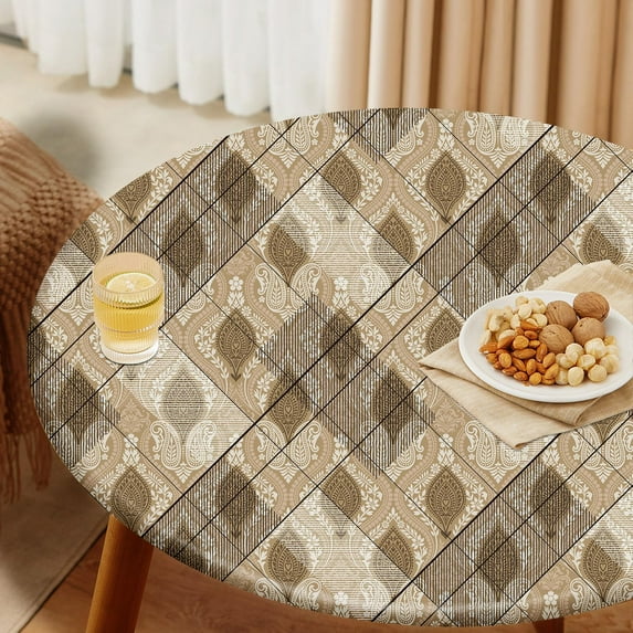 Beige and Brown Paisley Tablecloth Fitted Elastic Oil-Proof Vintage Textured Patio Table Covers Wrinkle Resistant Round Tablecloths Waterproof for 46" - 52" Round Table
