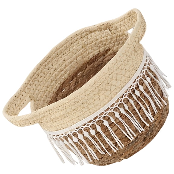 Beige & Brown Patchwork Cattail Planter Basket, Handwoven Natural Material, 7.1 x 5.1 in / 18 x 13 cm Decorative Storage Holder with White Tassels and Handles for Indoor Plants, Home Decor
