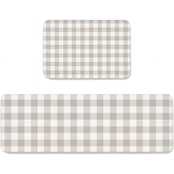 Beige Brown Plaid Kitchen Mat Set of 2,Cushioned Anti-Fatigue Kitchen Rugs,Waterproof & Non-Slipping Kitchen Mat for Floor,Durable Kitchen Rugs and Mats for Kitchen & Laundry,Farmhouse Buffalo Check