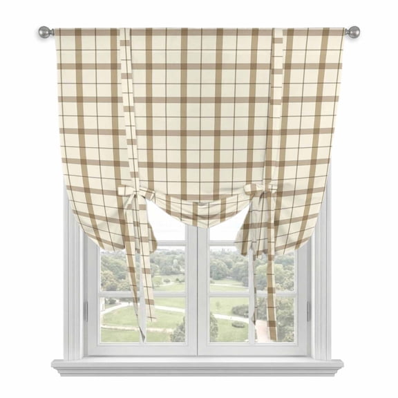 Beige Brown Plaid Tie Up Curtains 45 Inches Long, Kitchen Window Curtains Over Sink, Vintage Farmhouse Checkered Rustic Small Window Curtains Shade Balloon Curtains Valances for Bedroom/Cafe 34"x45"