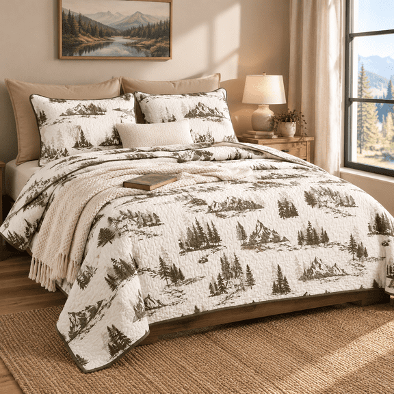 Beige Brown Queen / Full Rustic Cabin Forest Woodland Print Reversible Lightweight Quilt Set