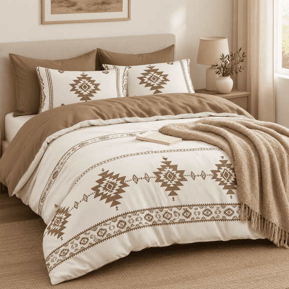 Beige Brown Queen Size Boho Southwestern Aztec Geometric Pattern Comforter Bedding Set
