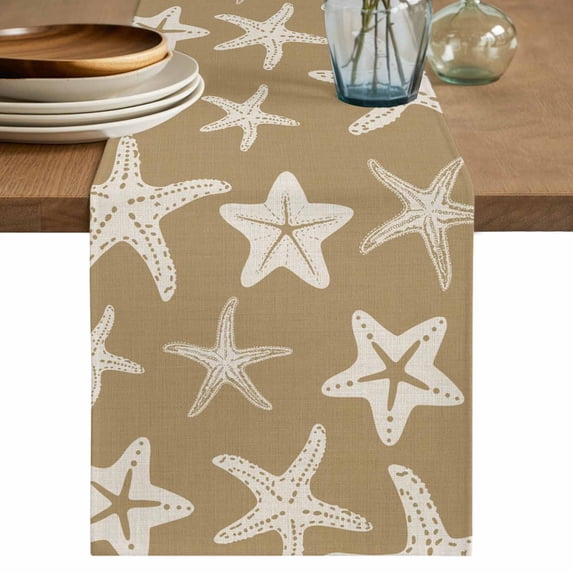 Beige Brown Starfish Coastal Table Runner 72 Inches, Nautical Summer Ocean Abstract Art Bed Runner Dresser Scarves Tabletop for Indoor Outdoor Parties/Ceremony/Banquet, 18" x 72"
